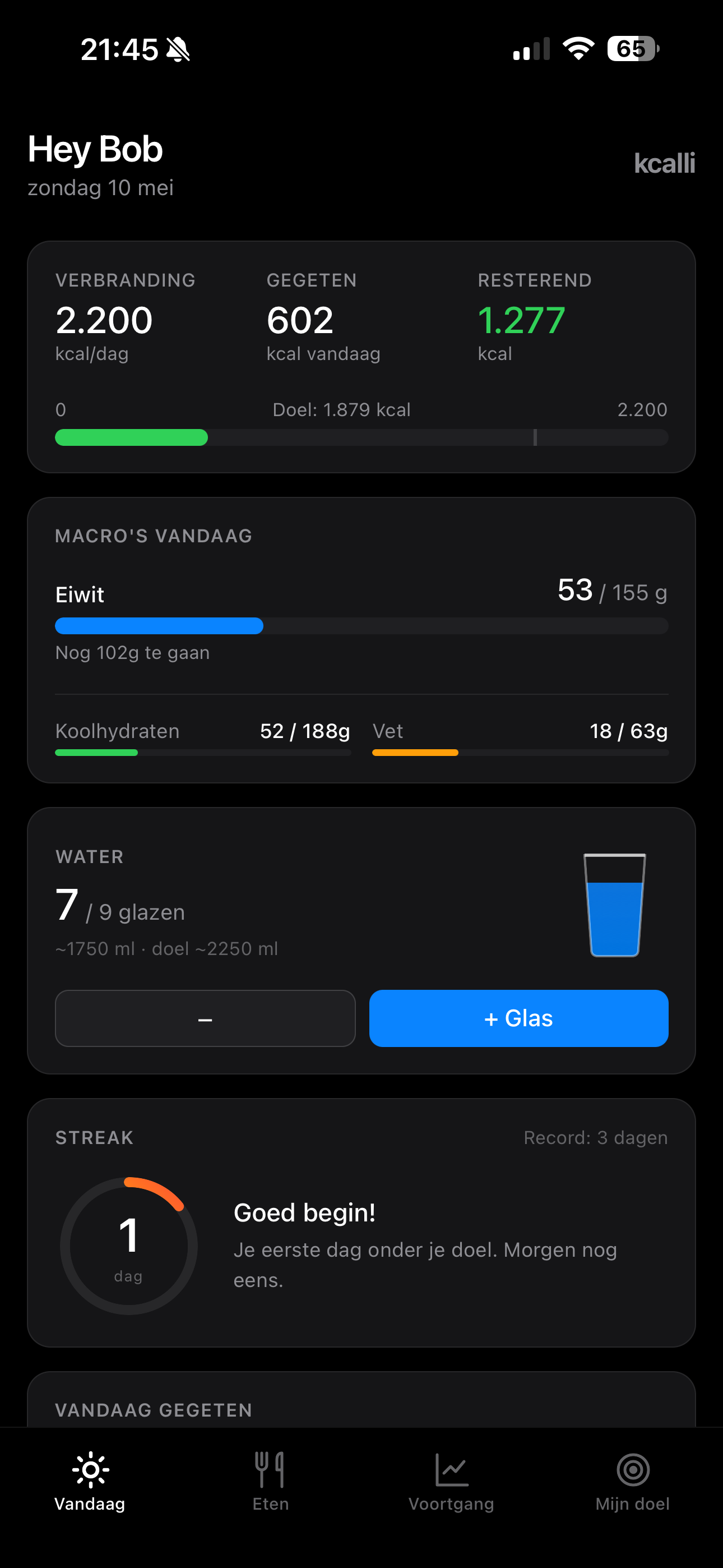 Kcalli Today screen